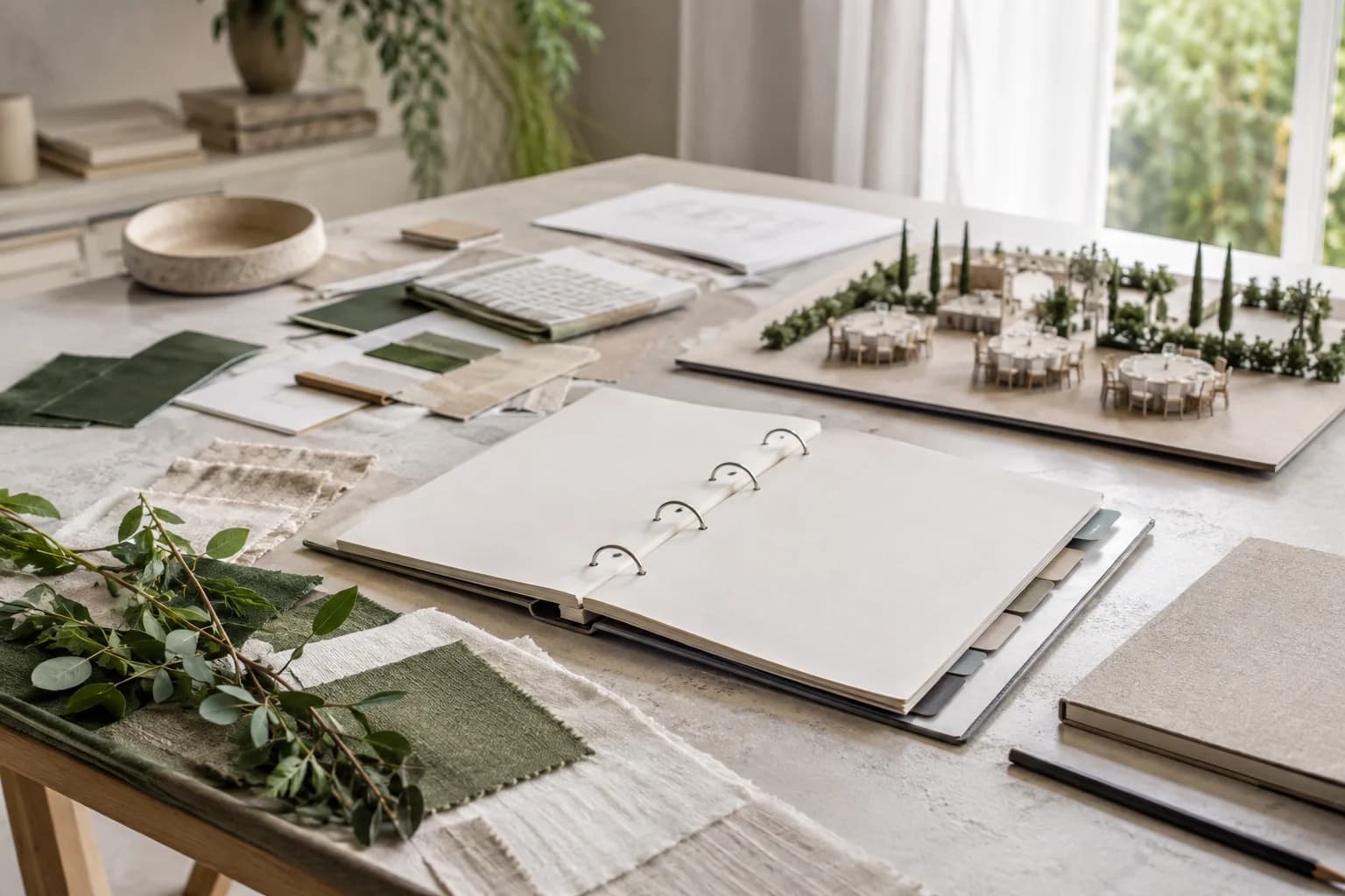 Illustration générée par IA — classeur ouvert, échantillons de tissus et maquette de réception sur une table de préparation fictive.