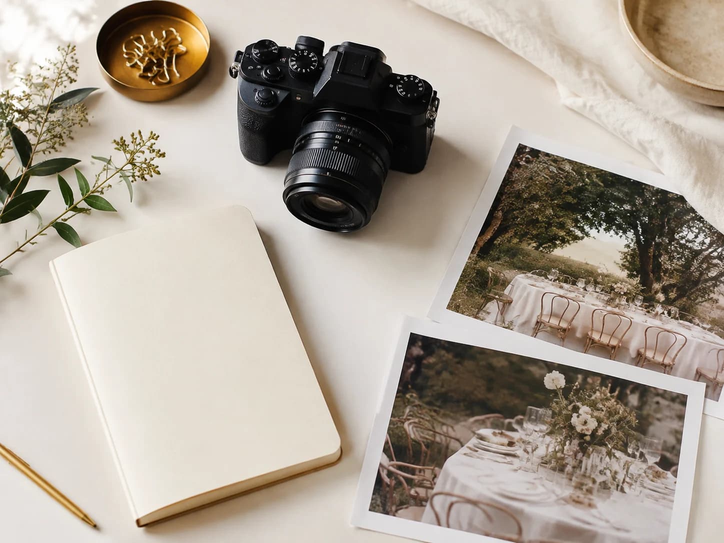 Illustration générée par IA — appareil photo, carnet ouvert et tirages de tables de réception, disposés avec du lin et du feuillage dans une scène fictive.